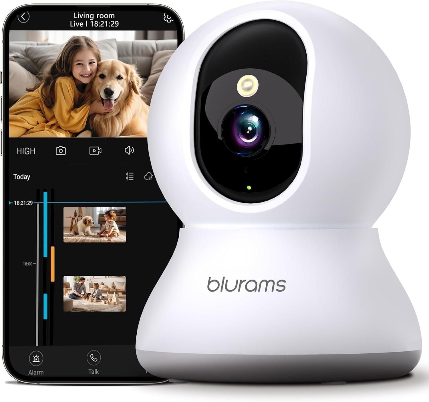 blurams 2K security camera with 360-degree view, IR night vision, 2-way audio, motion tracking, and smart home compatibility.
