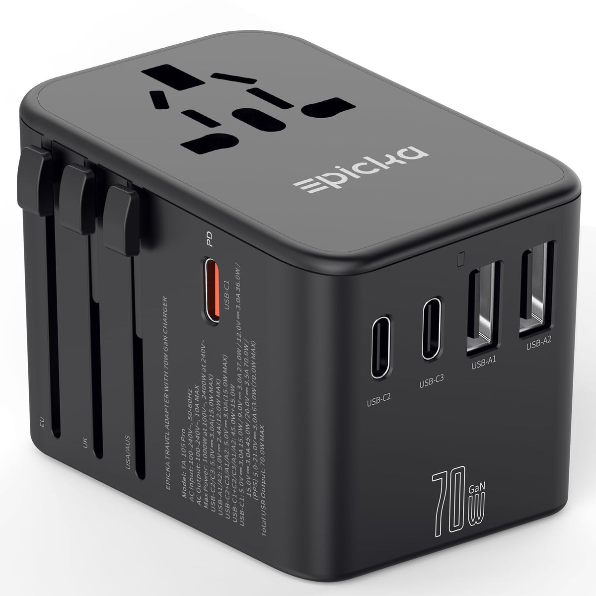 Epicka 70W GaN PD Universal Travel Adapter 3USB C 2USB A - EPICKA Official Imagery - 1