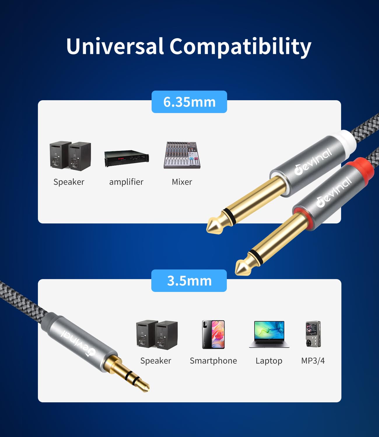 Devinal 3.5mm TRS to Dual 6.35mm TS Mono Audio Cable, 3.3FT, Brai by Devinal - Angle View 8