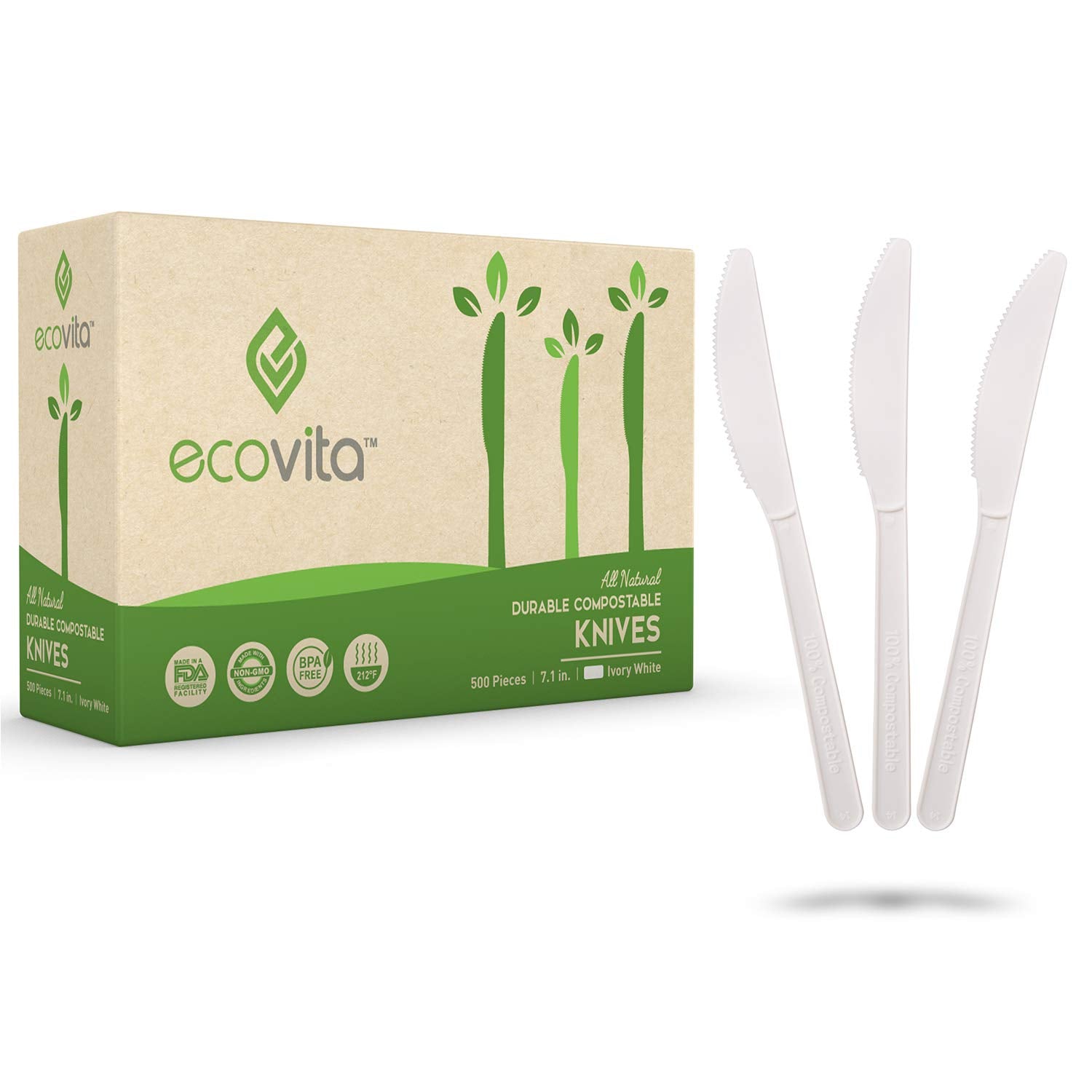 Ecovita 100% Compostable Knives - 500 Large Disposable Utensils - Ecovita Official Product View 1