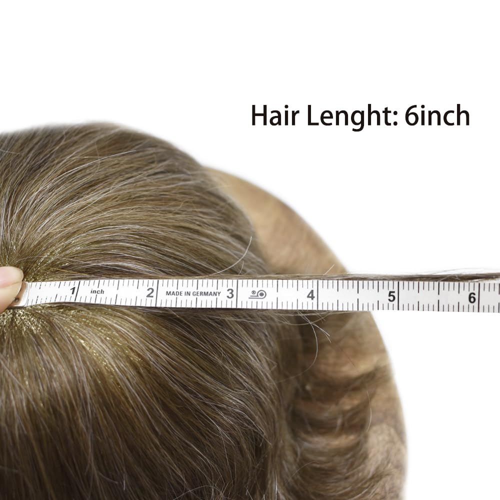 Curve Hair Mens Toupee Human Hair Piece Replacement System Monofilament Wig Hair Unit for Men Durable Poly Coated Mens Hairpiece (#630 Light Brown+30% Gray, 6"X9")