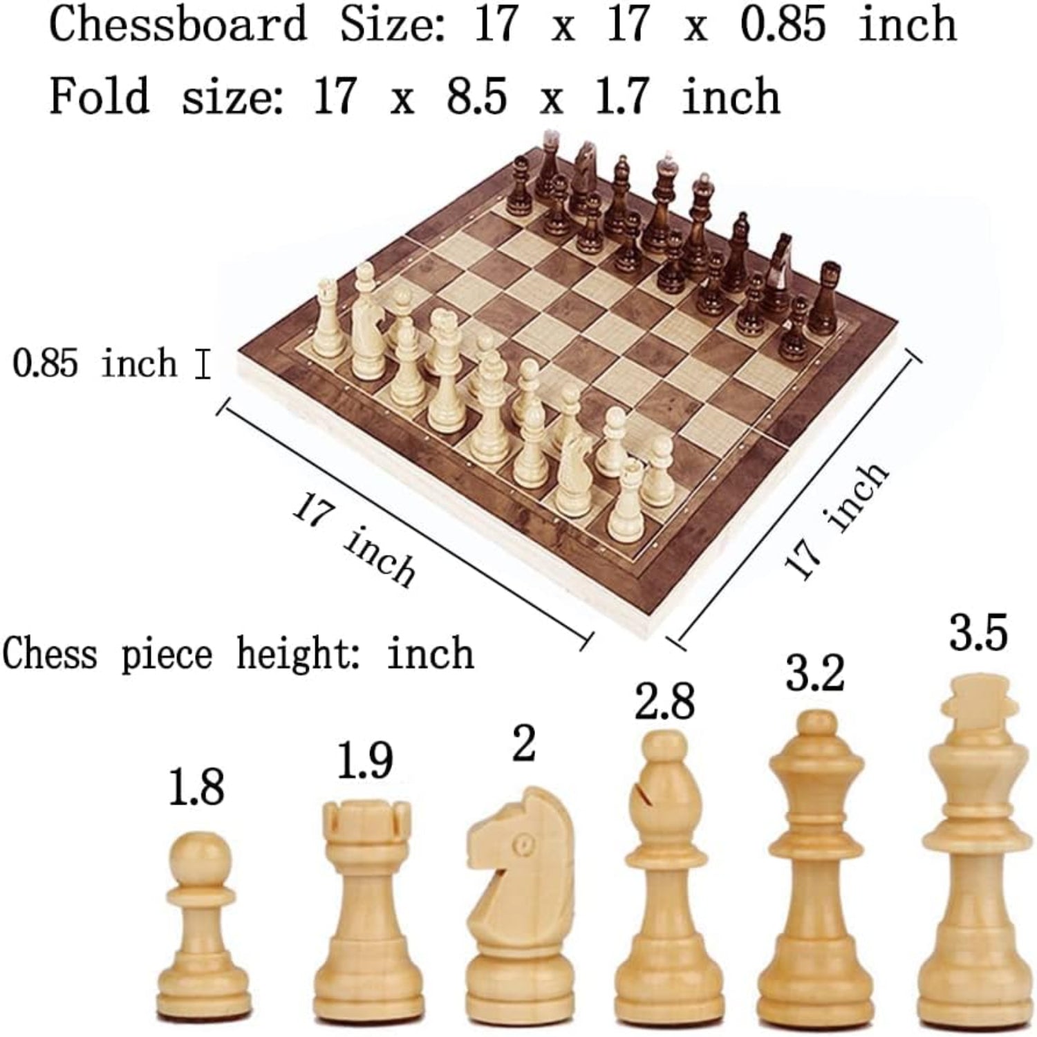 Folding wooden chess set with storage, 17-inch DUBSTAR chess board and chess pieces on a wooden surface.