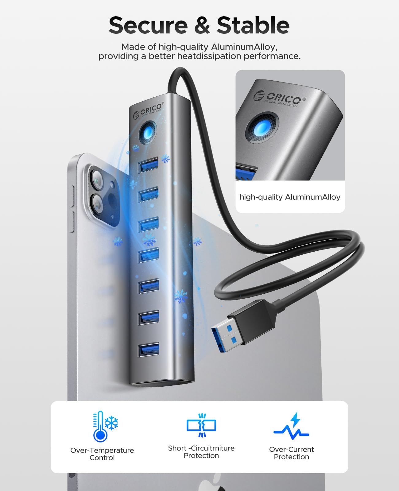 ORICO 7-Port USB 3.0 hub with aluminum design, multiple ports, and long cable for desktop PCs, flash drives, and mobile HDDs.
