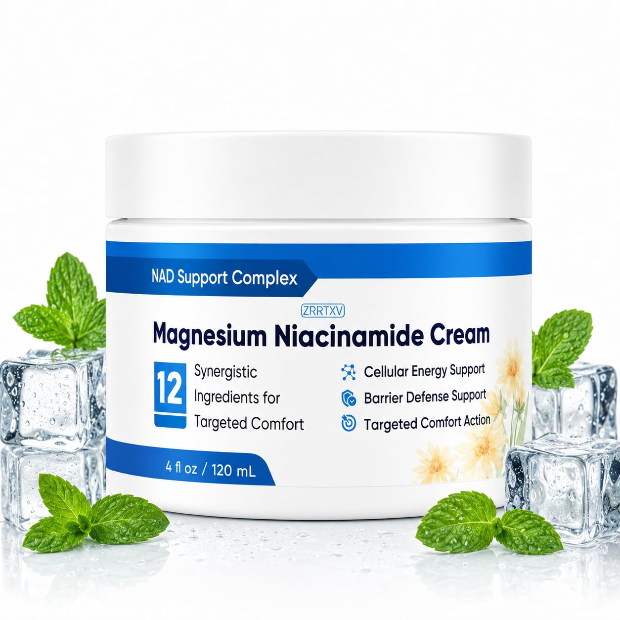 Kranla Magnesium Niacinamide Cream moisturizing skin moisturizer in a 4 fl oz jar, with a smooth, creamy texture and natural ingredients.