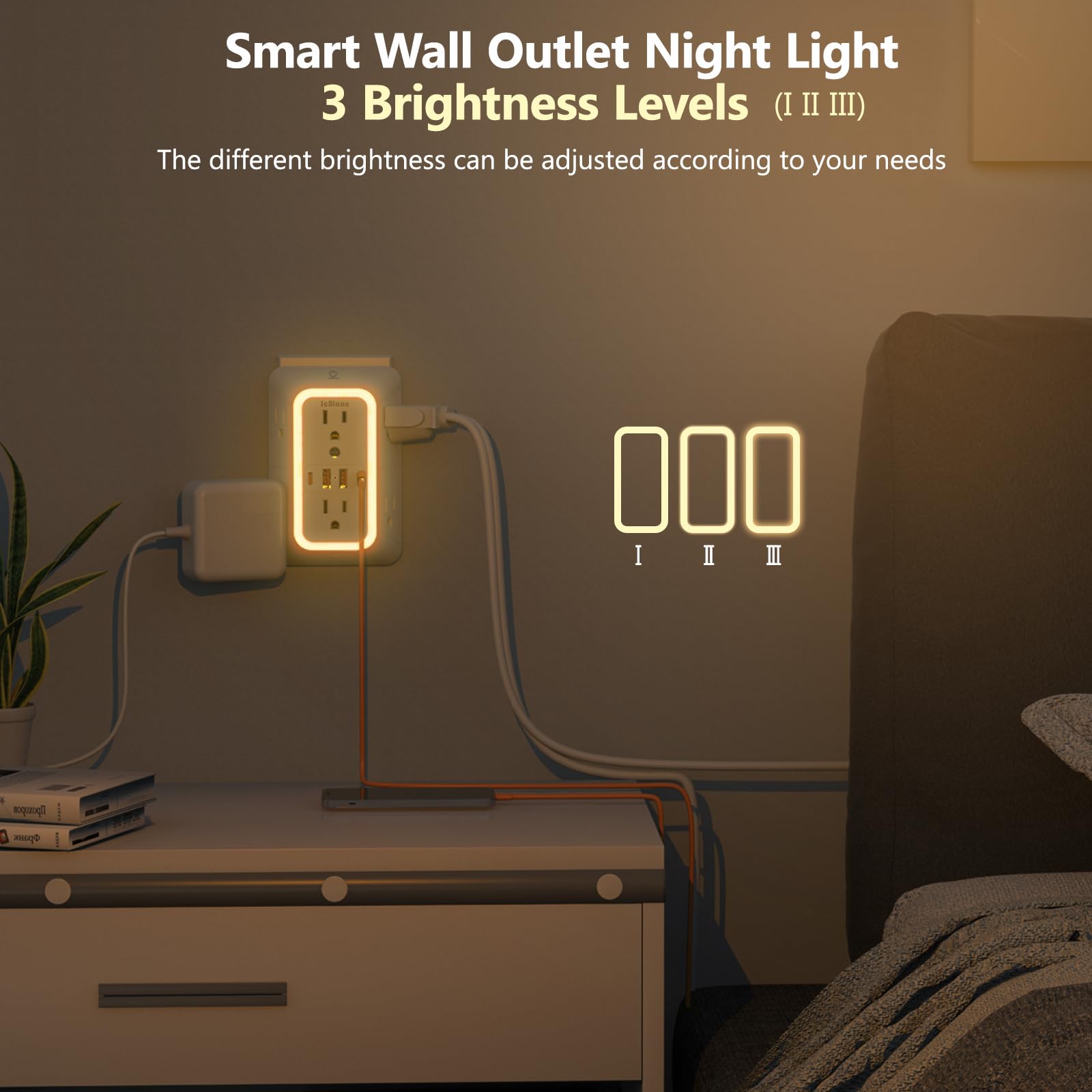 JcBlaon Wall Outlet Extender with Night Light, Power Plug Adapter by JcBlaon - Angle View 4