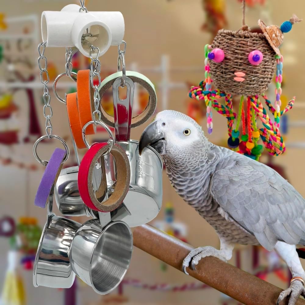 Durable GILYGI bird toys featuring a pullable stainless steel cup, cardboard elements, and colorful parrots for enrichment.