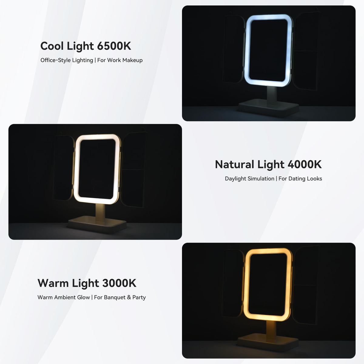13 Fold Lighted Makeup Mirror 3 Color Tri Fold LED Vanity - FaHaner Official Imagery - 3
