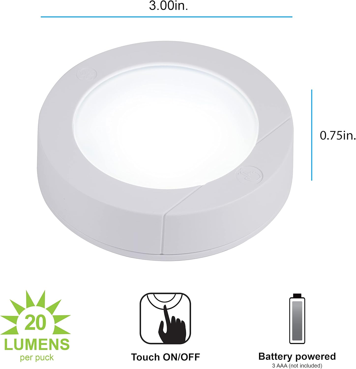 GE wireless LED tap lights, battery operated touch-activated puck lights with 20 lumens, shown in a 2-pack setup.