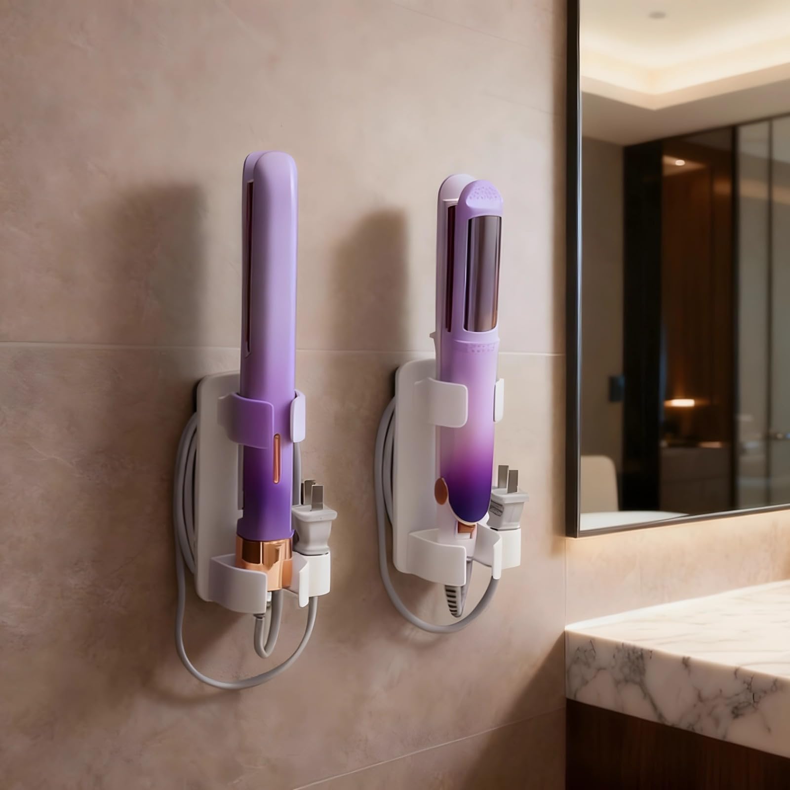 Texvora 4 Pcs Hair Tool Organizer, Wall Mounted Curling Iron Holder With Cord Storage, Adjustable Wand Rack, Drill-Free Mounting