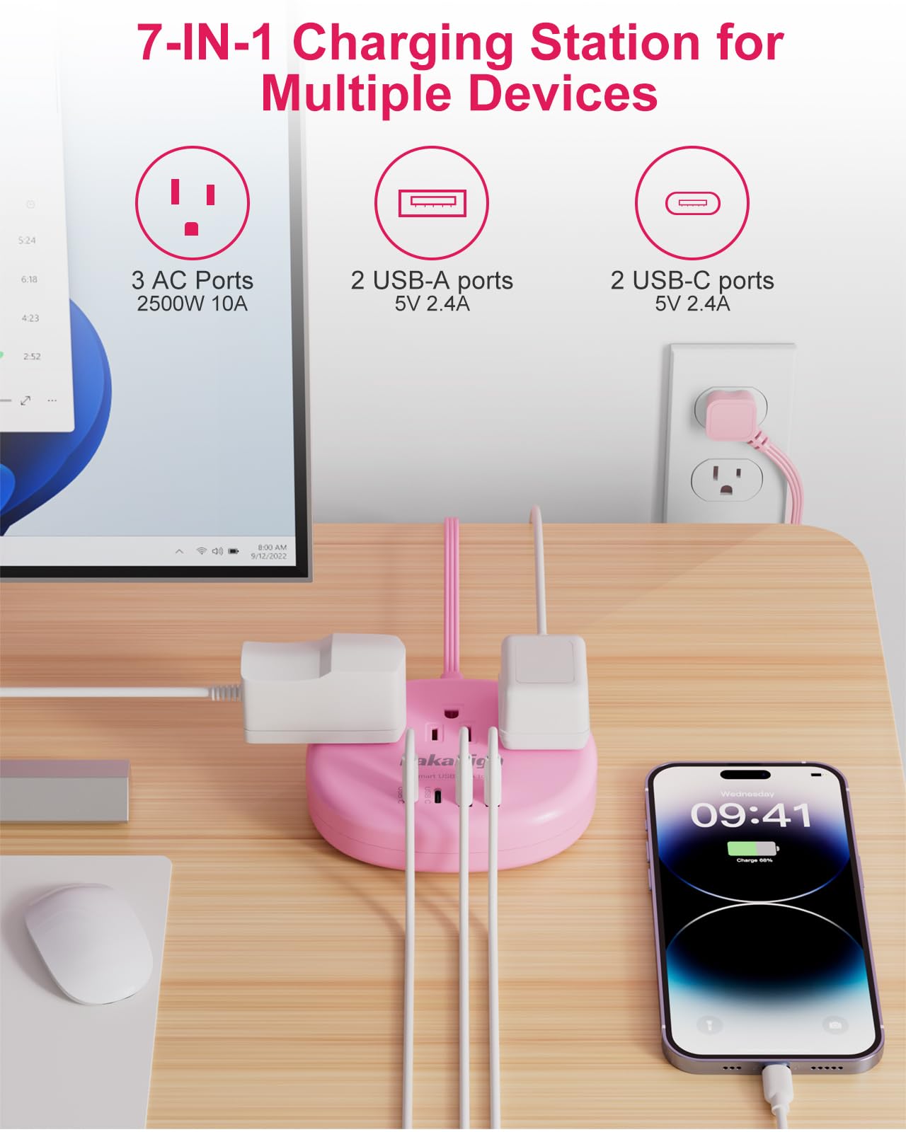 kakahigh Pink Extension Cord with USB C - 5 FT Kawaii Power Strip - kakahigh Official Product View 2