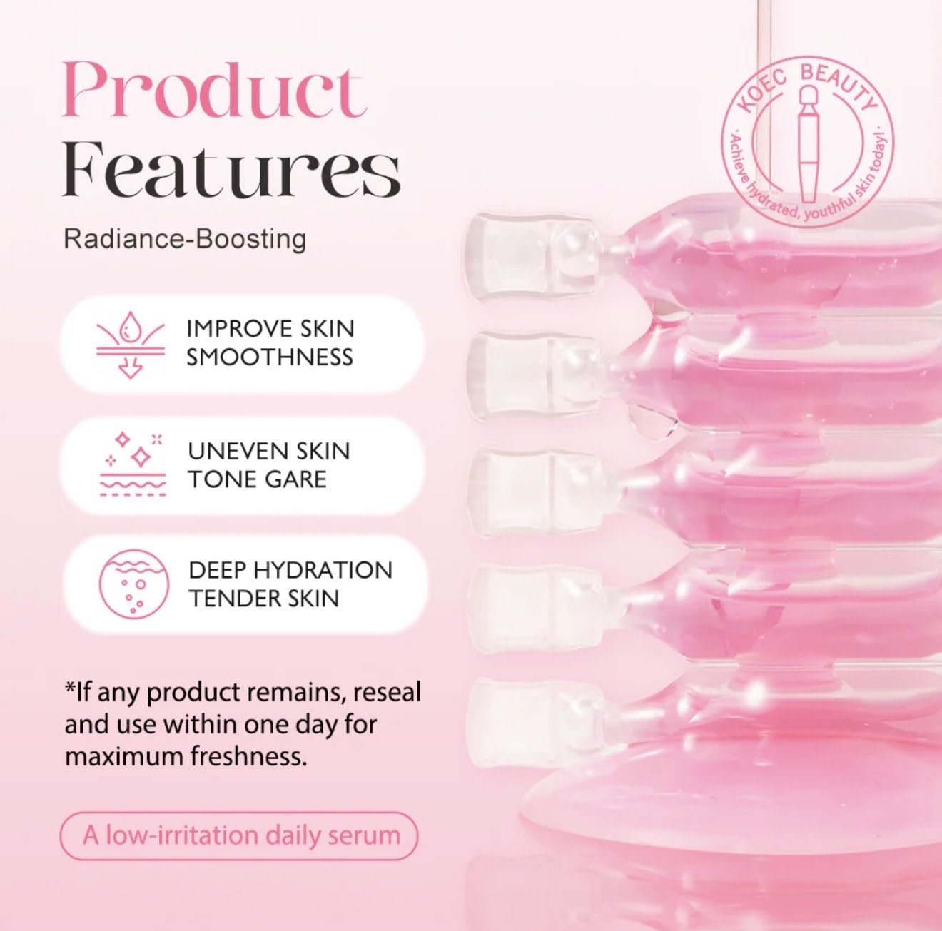 KOEC PDRN Pink One Day Serum, 10-Pack Radiance Boosting Ampoules - BEAUTIVANA