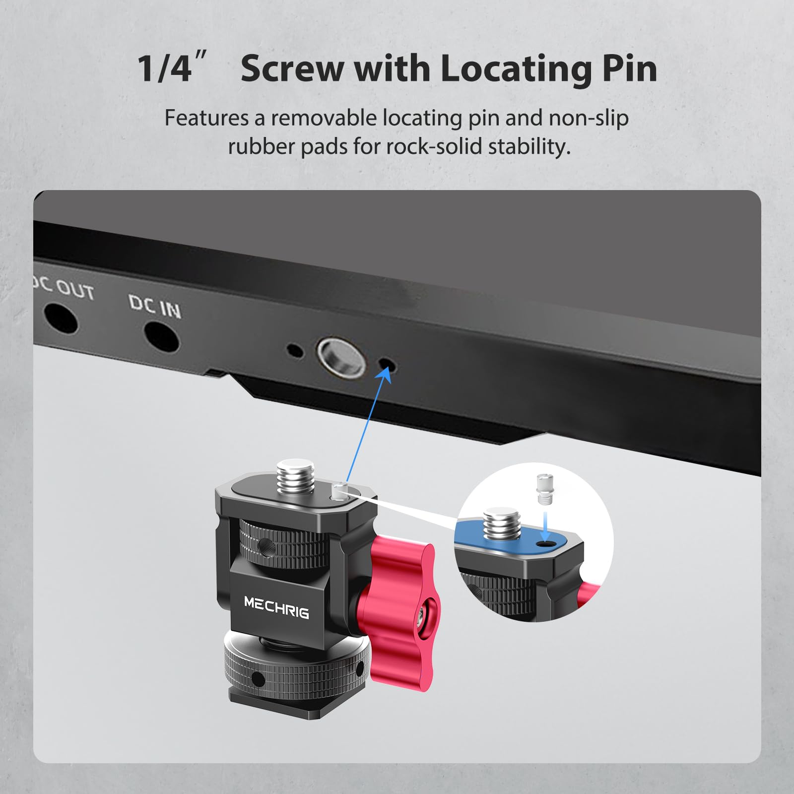 Mechrig Mini Camera Monitor Mount bracket with cold shoe, 360° swivel, 180° tilt, aluminum construction, 1/4″ screw, for LED lights.