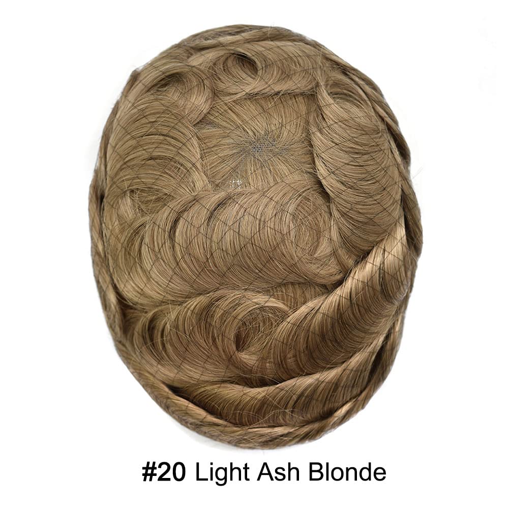 Curve Hair Mens Toupee Human Hair Piece Replacement System Monofilament Wig Hair Unit for Men Durable Poly Coated Mens Hairpiece (#20 Light Ash Blonde, 8"X10")