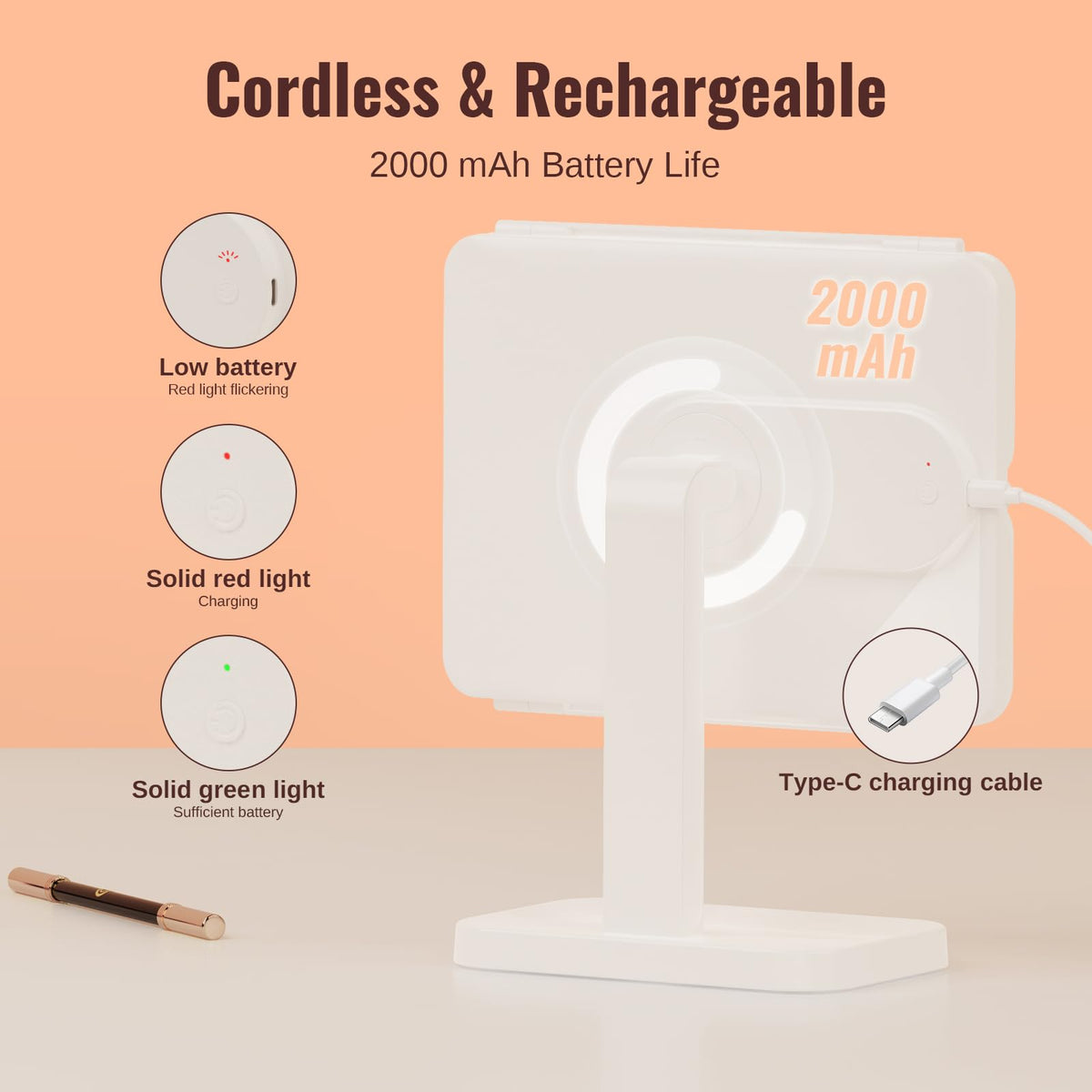 2000mAh Rechargeable Trifold Lighted Makeup Vanity Mirror - EASEHOLD Official Imagery - 6