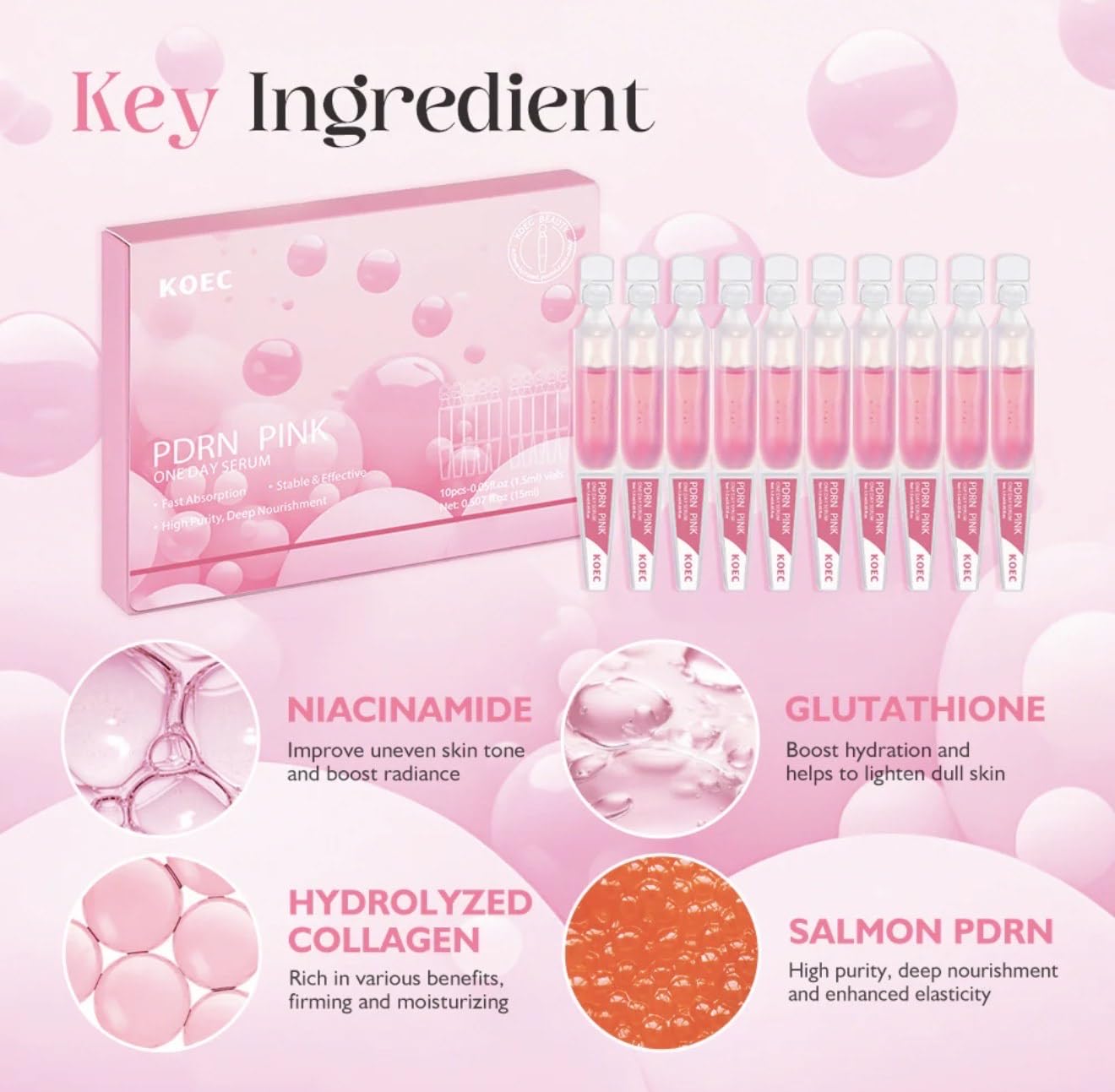 KOEC PDRN Pink One Day Serum, 10-Pack Radiance Boosting Ampoules - BEAUTIVANA