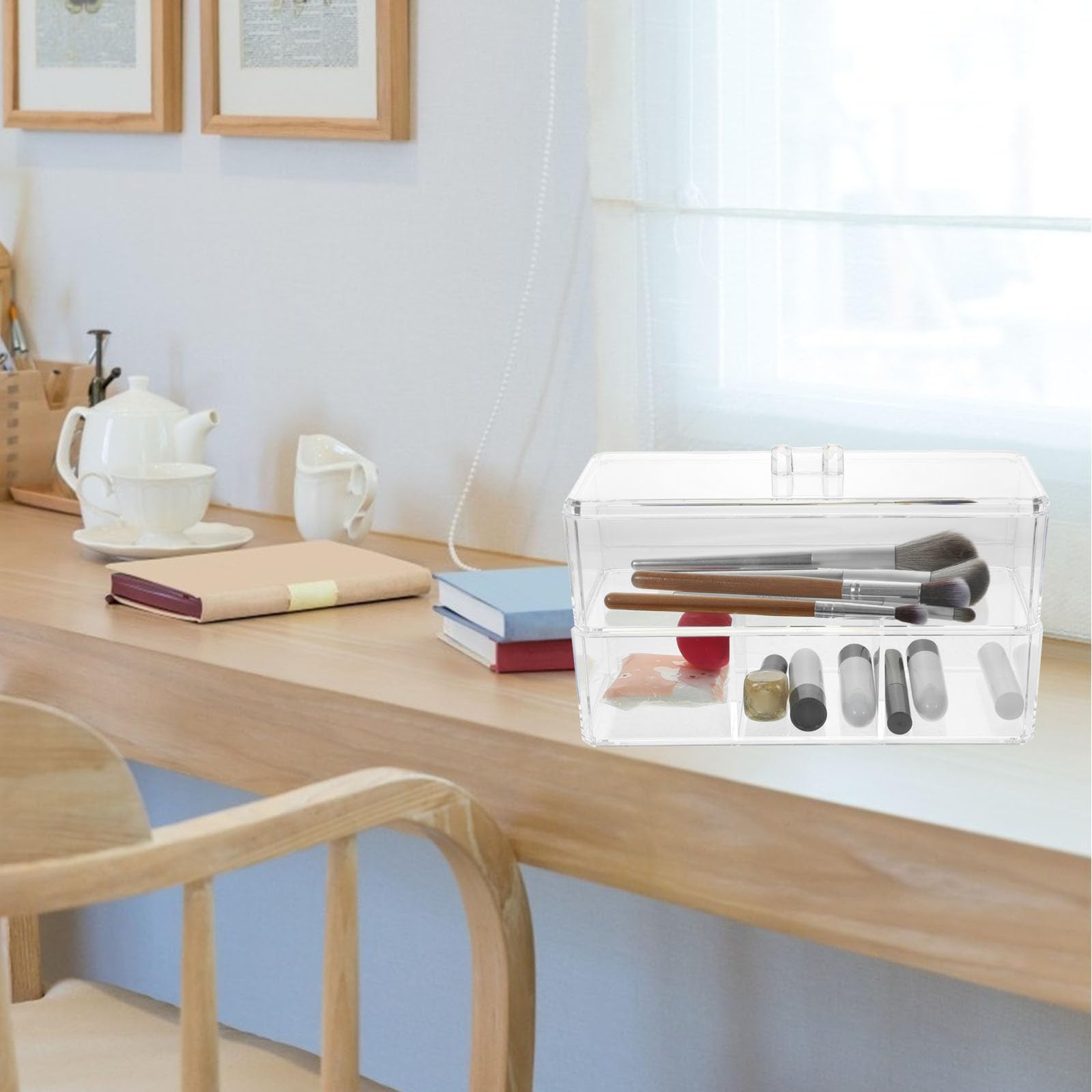 MAGICLULU 2-layer acrylic makeup puff and sponge organizer caddy with clear compartments for easy storage and display.