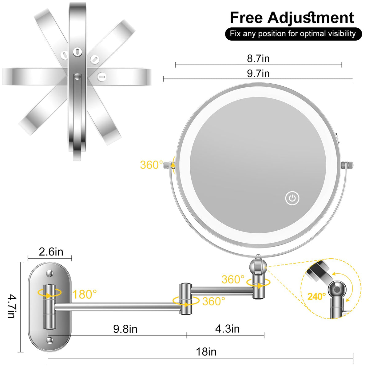 9 Wall Mounted Lighted Makeup Mirror 4000mAh Rechargeable - IMIKONA Official Imagery - 3