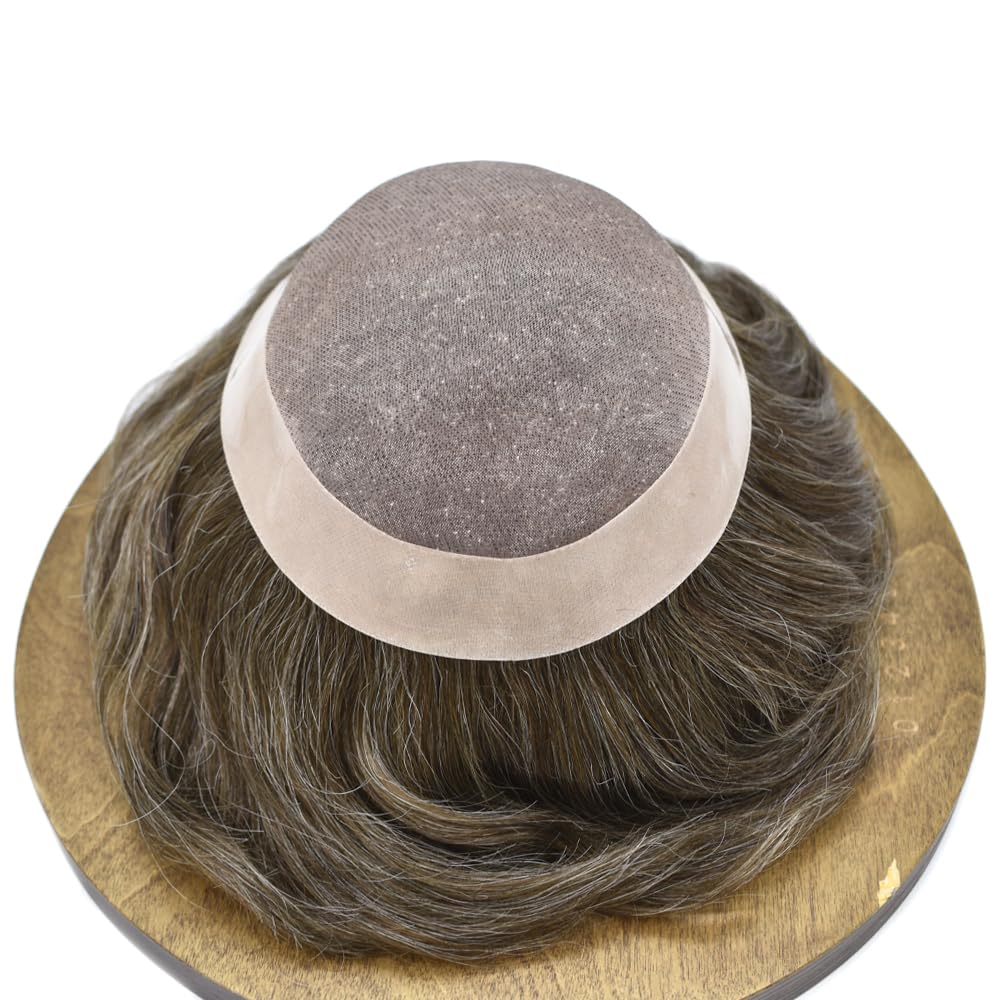 Curve Hair Mens Toupee Human Hair Piece Replacement System Monofilament Wig Hair Unit for Men Durable Poly Coated Mens Hairpiece (#440 Medium Brown+40% Gray, 7"X9")