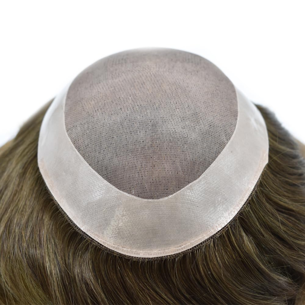 Curve Hair Mens Toupee Human Hair Piece Replacement System Monofilament Wig Hair Unit for Men Durable Poly Coated Mens Hairpiece (#520 Light-Med Brown+20% Gray, 6"X9")