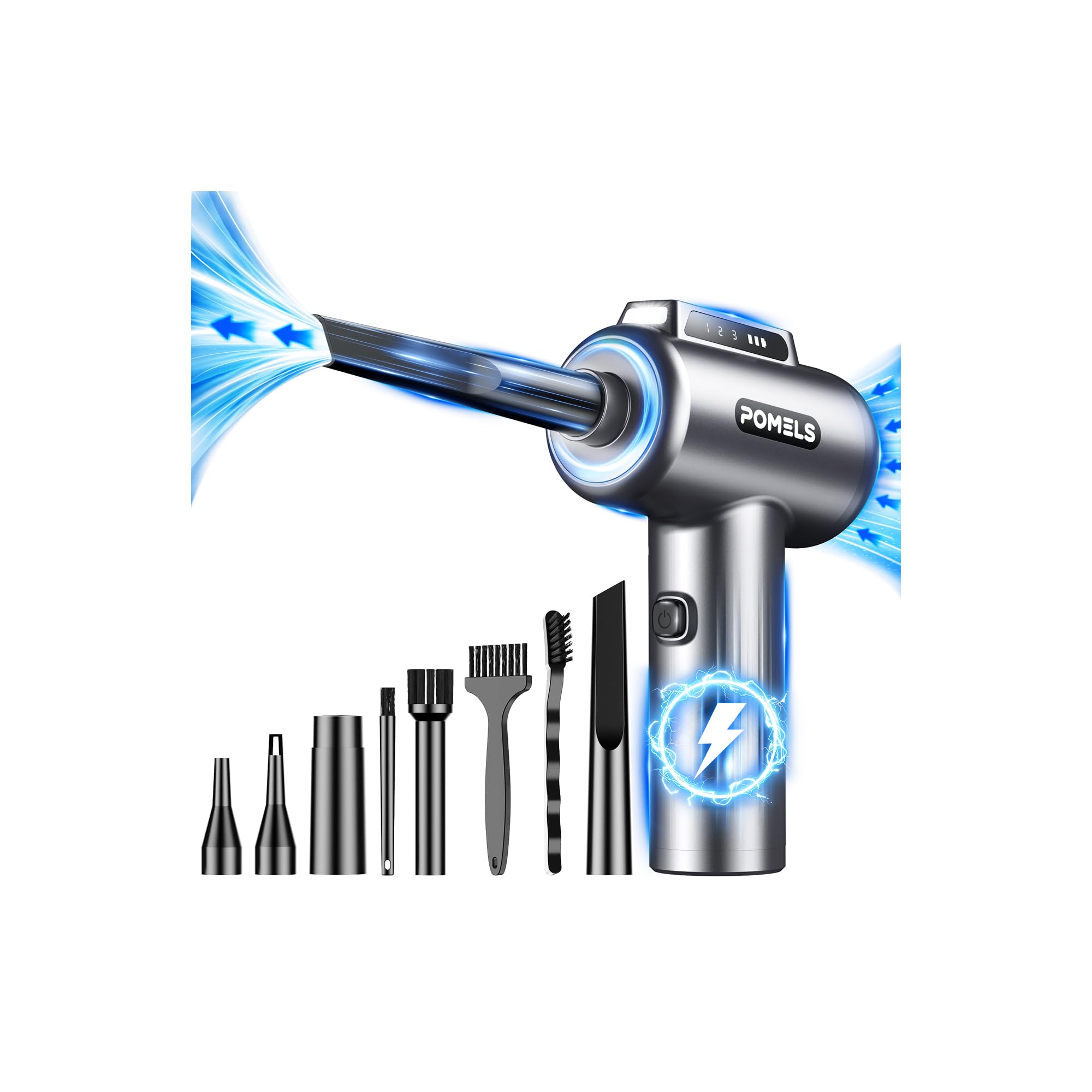 POMELS compressed air duster with LED light, 110000RPM, 3-speed cordless mini blower cleaning computer, keyboard, car, and home.