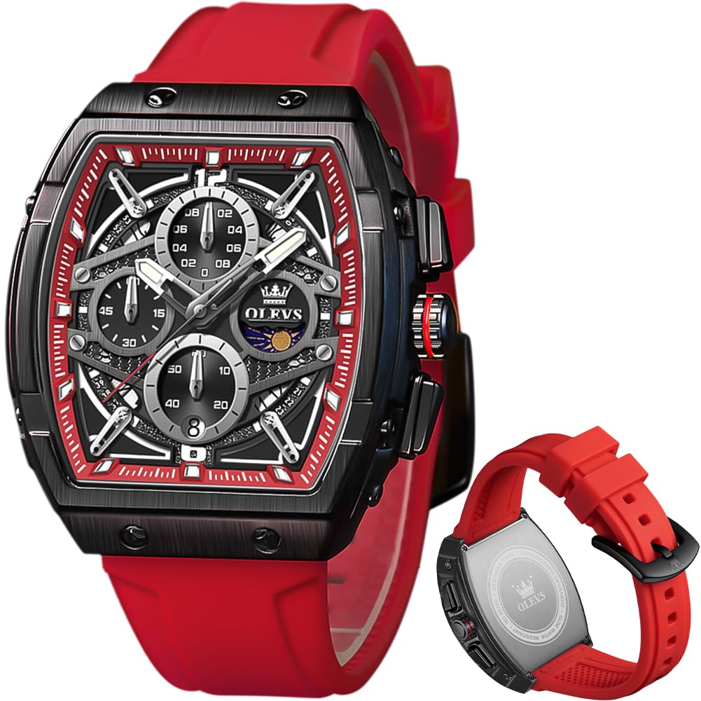 OLEVS Men's Square Chronograph Watch – Red Silicone
