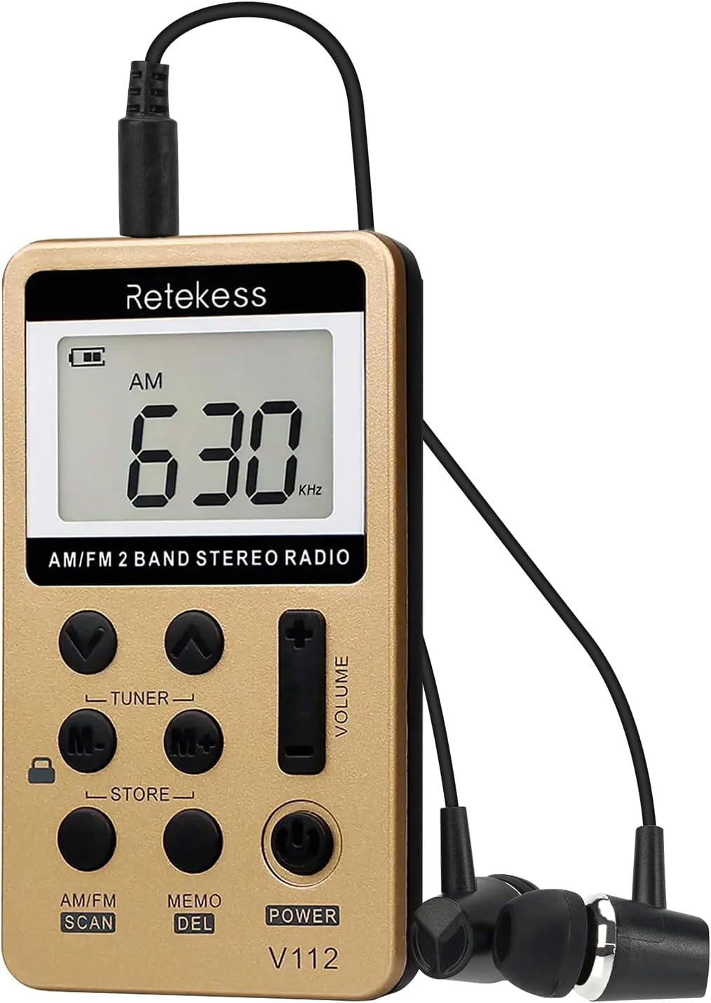 Retekess V112 AM FM pocket radio in black with LCD display, earphone, rechargeable battery, ideal for walking and jogging.