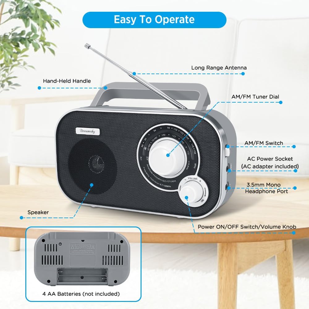 DreamSky AM FM portable radio with digital display, plug-in wall or battery operation, suitable for home and outdoor use.