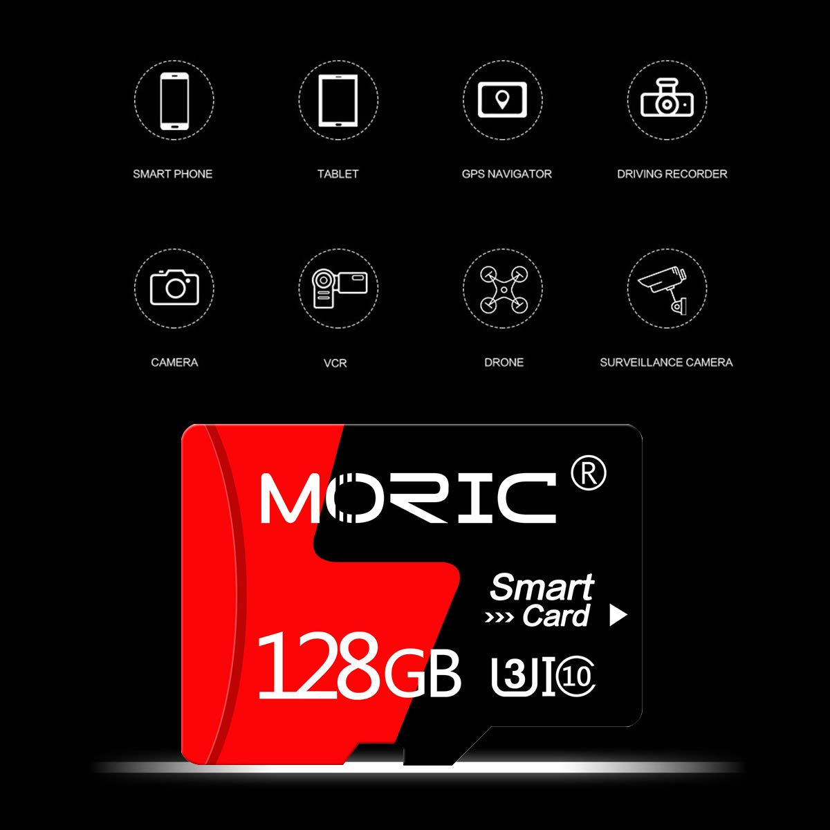 Two 128GB MORIC micro SD cards with adapters, high-speed C10 A1 TF memory cards for cameras, smartphones, tablets, and drones.