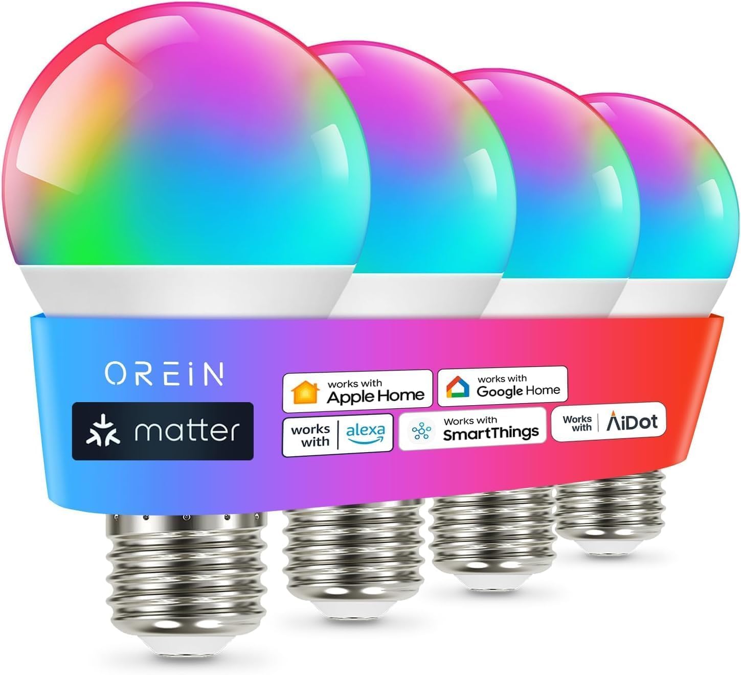 OREiN Matter Smart Light Bulb, A19 RGBTW Color Changing Light Bulbs, 4 Pack - OREiN Official Product View 1