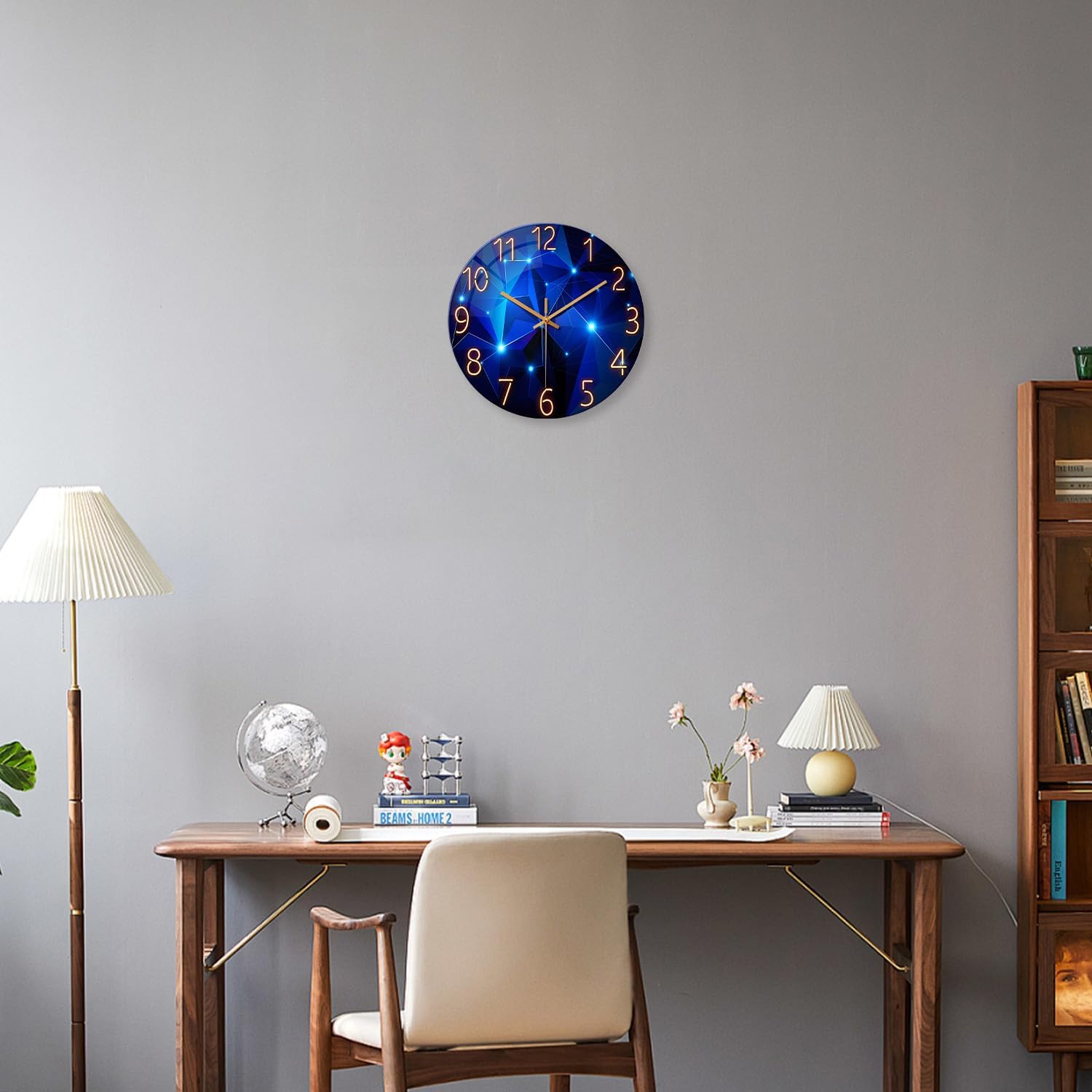 Blue 12-inch round glass wall clock by Constantplanet, non-ticking, battery operated, perfect for living room or kitchen decor.