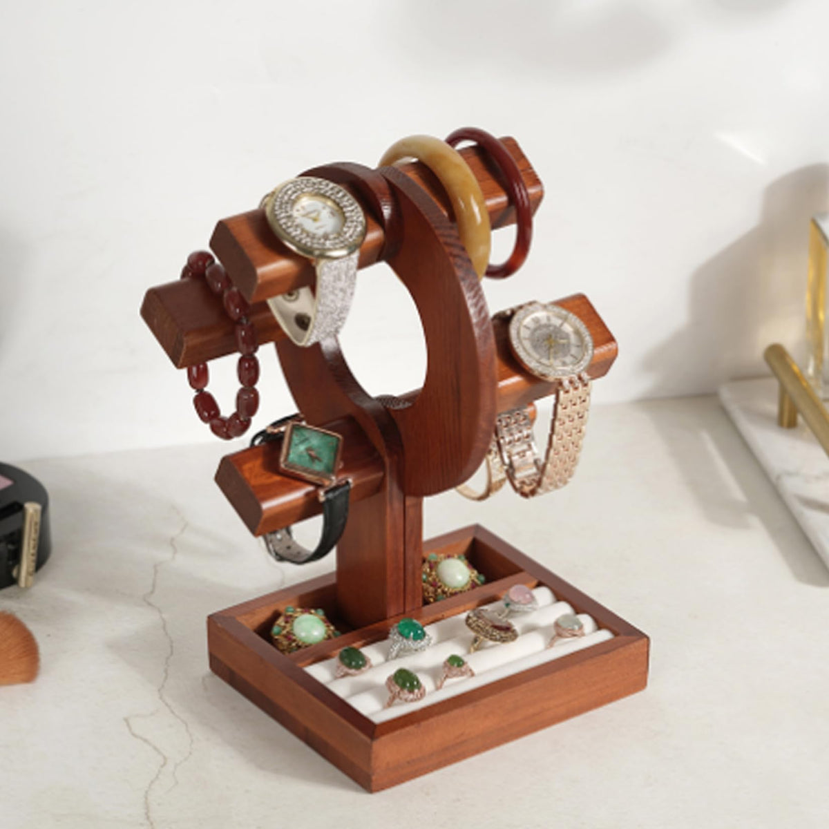 NIDONE Watch Stand Wooden Watch Holder with Storage Tray - NIDONE Official Imagery - 8