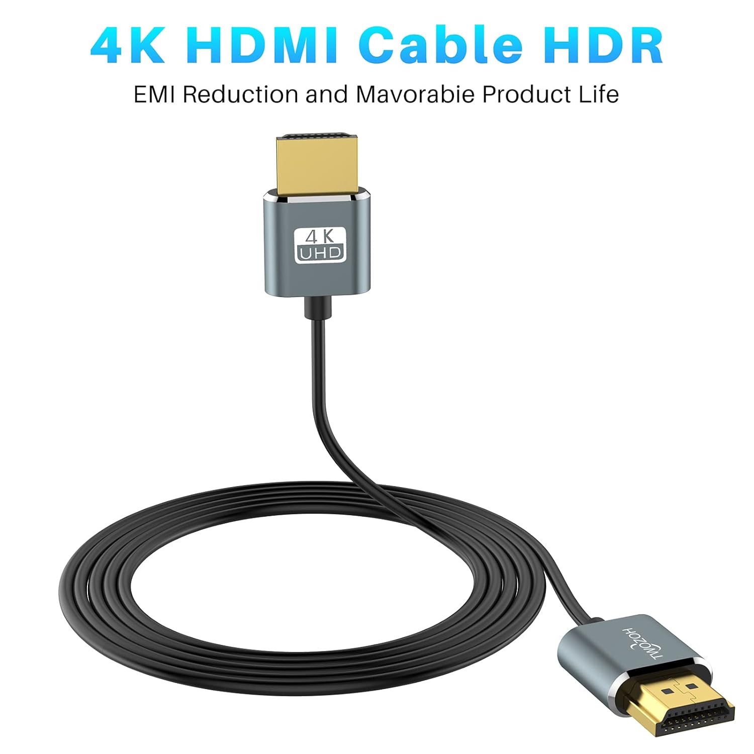 Twozoh ultra-thin HDMI to HDMI cable, 6.6 feet long, featuring Hyper Slim HDMI 2.0 design for high-speed video and audio transfer.