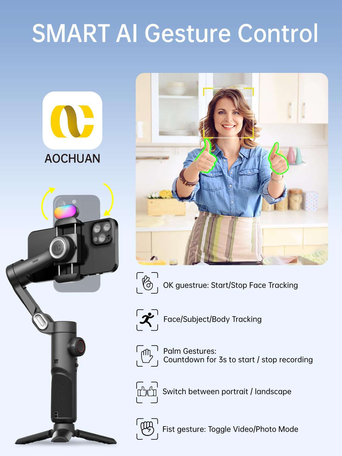 AOCHUAN Gimbal Stabilizer for Smartphone w Gesture Control - AOCHUAN Official Imagery - 7