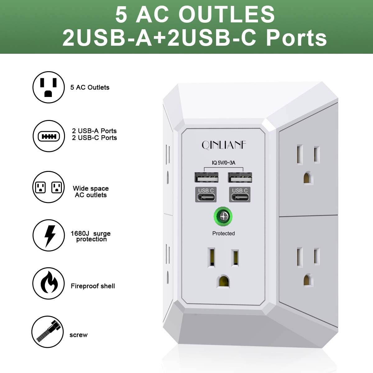 Surge Protector, QINLIANF 5 Outlet Extender with 4 USB Ports by QINLIANF - Angle View 3