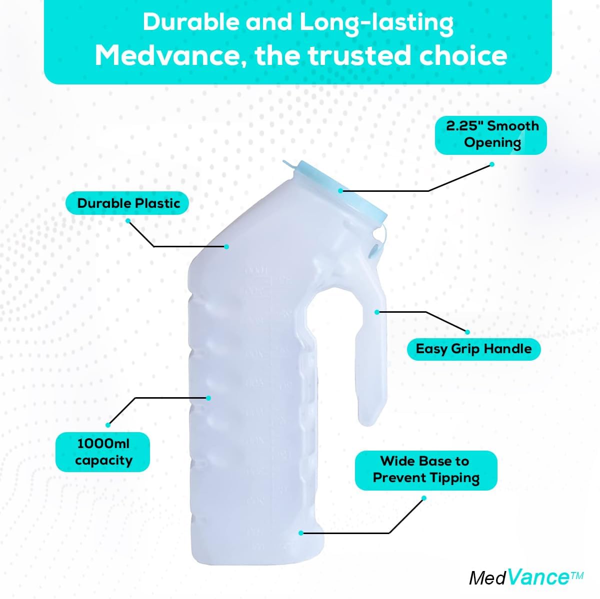 MedVance 1000ml portable men's urinal bottles, 2-pack with spill-proof design and glow feature for easy use and safety.