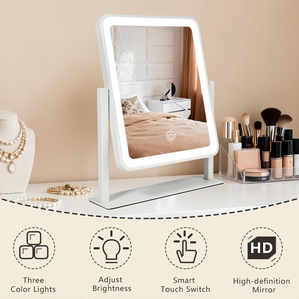 YEKKOPT Vanity Mirror with Lights, 12"x10" LED Makeup Mirror, 3 Color Modes - YEKKOPT Official Product View 3