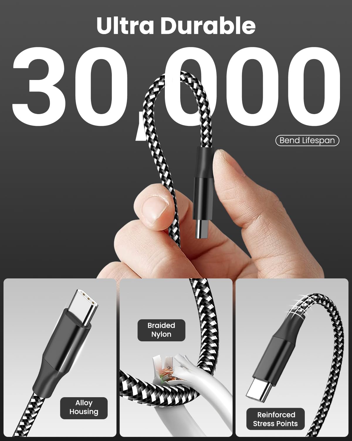 SwaggWood 60W USB-C to USB-C Cable 10ft 3-Pack