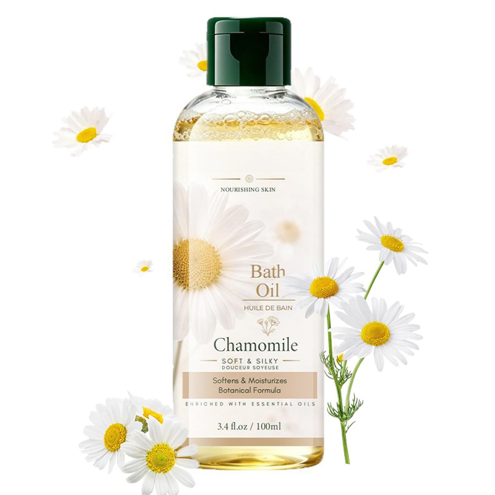 Chamomile Bath Oil, Natural Soothing Moisturizing Body Bath Oil, Relaxing Aromatherapy Oil for Dry Sensitive Skin, Daily Self-Care Spa Essential Oil for Men Women 3.4Fl.Oz