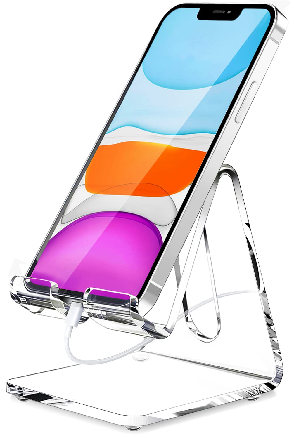 Crpich acrylic portable phone stand, clear desk accessory supporting iPhone, Android phones, tablets, and Nintendo Switch.