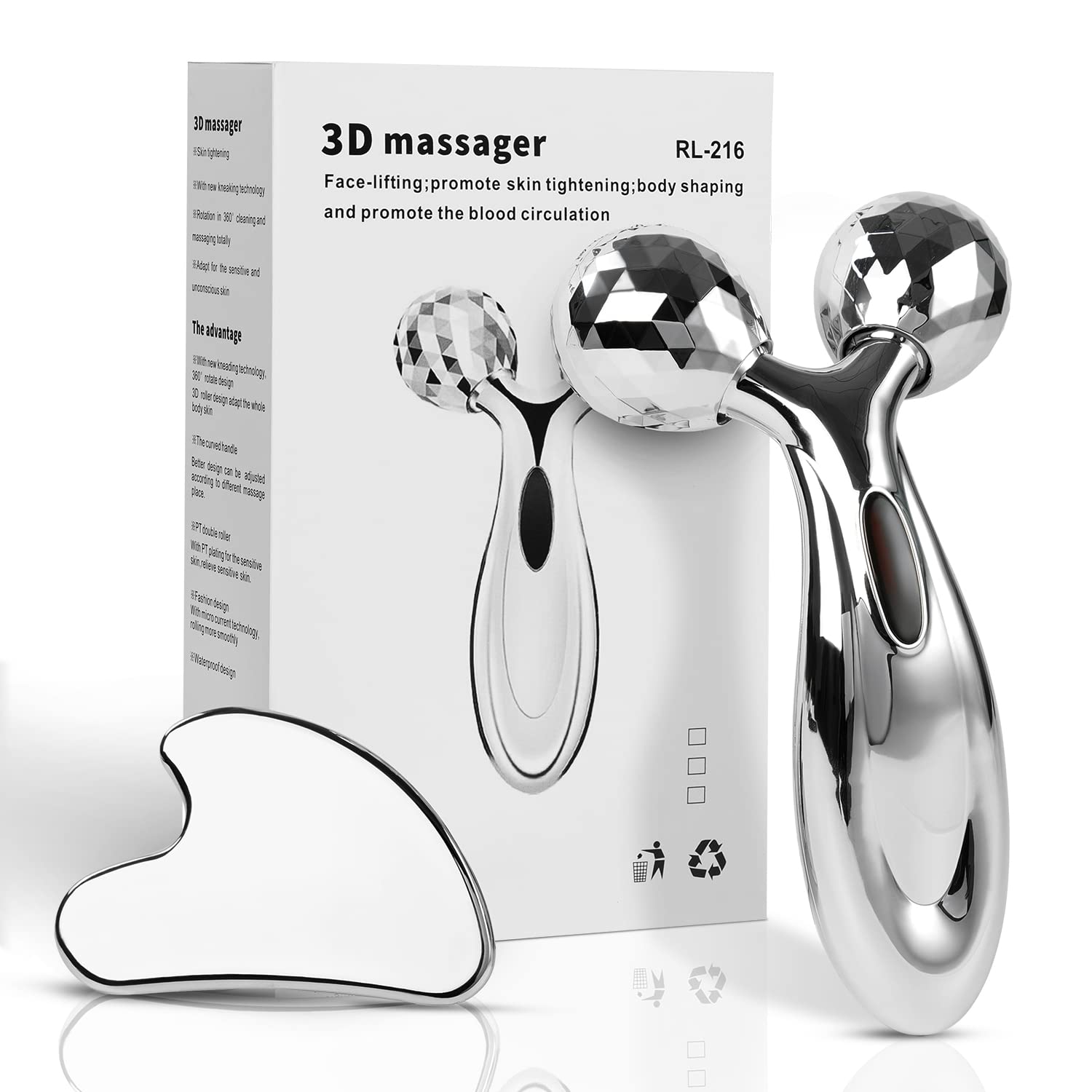 Stainless Steel Gua Sha and Face Roller Set, Facial Tool for - Product Imagery