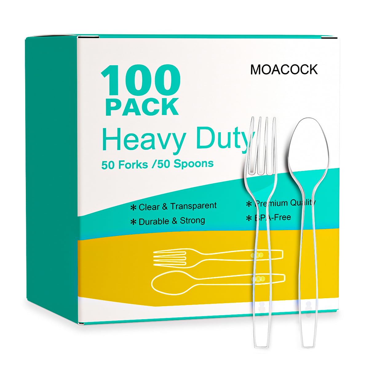 MOACOCK 100 Count Exact Heavy Weight Plastic Forks and Spoons - Product Imagery