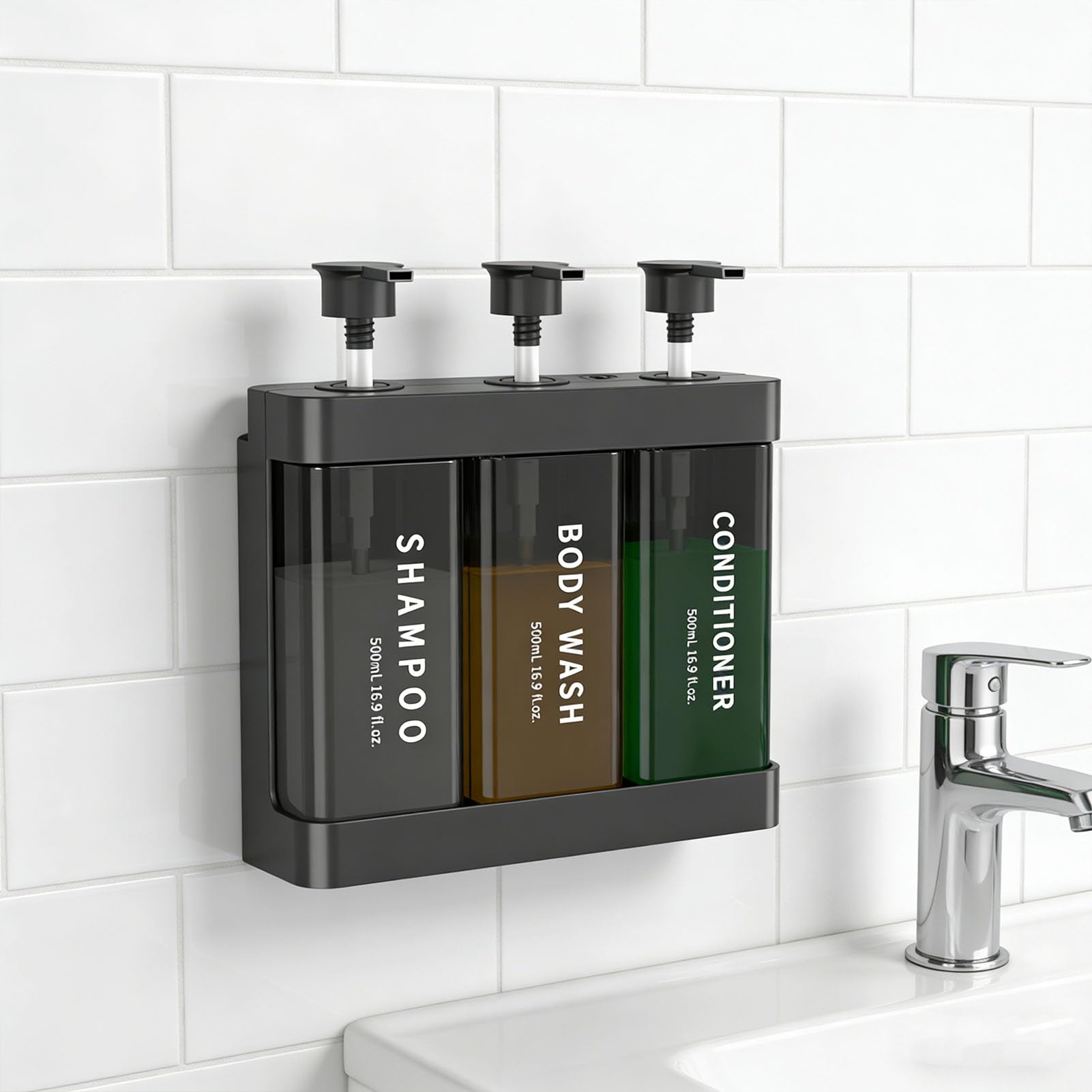 Omabeta Refillable Soap Dispenser Stylish 3 Chamber Design for Desktop or Wall Anywhere 500ml Pump (Dark Gray)