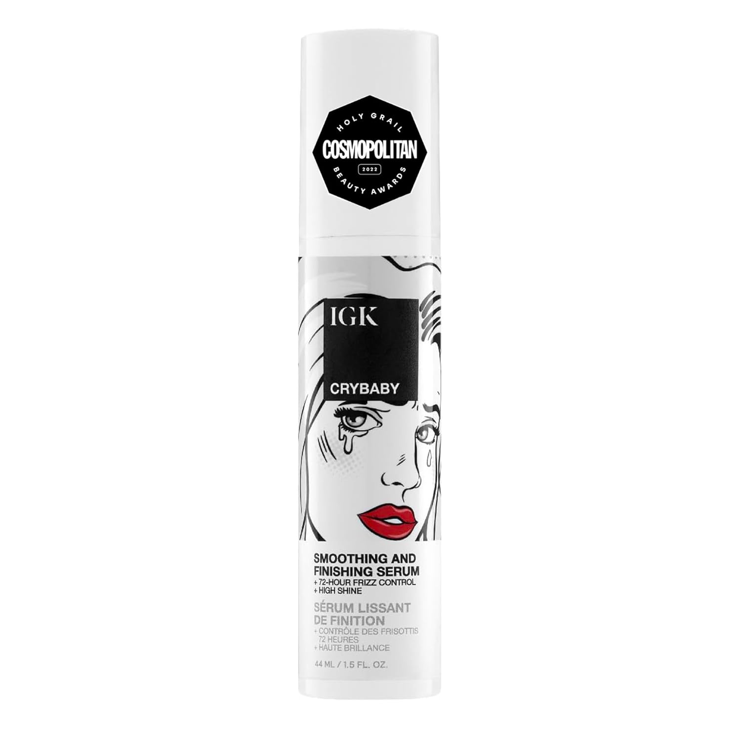IGK Crybaby Smoothing & Finishing Serum by Elefair with high shine and frizz control, shown in a clear bottle on a white background.