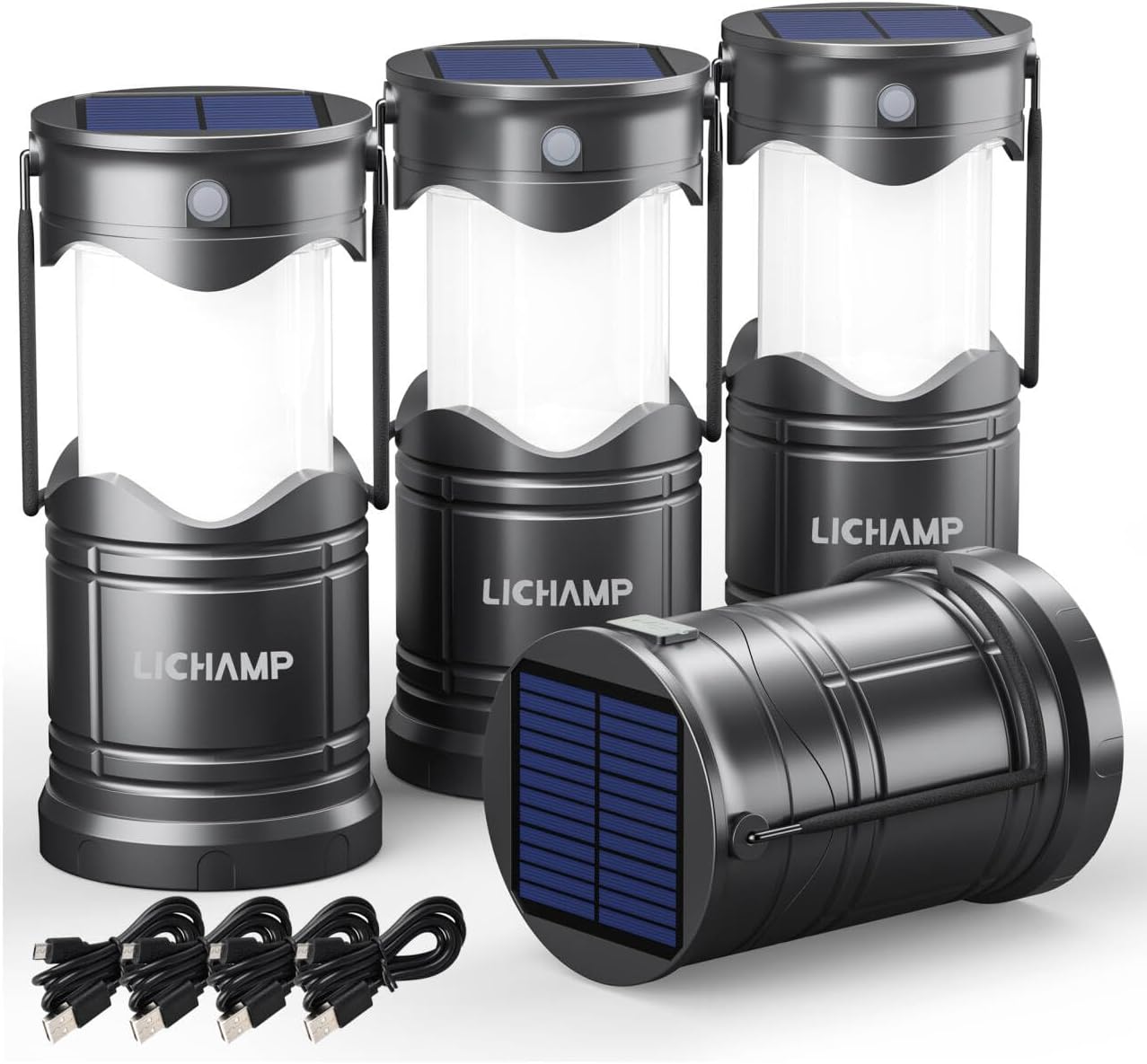 Lichamp 2-pack solar camping lanterns with USB rechargeable LED lights and battery-powered design, ideal for outdoor camping.