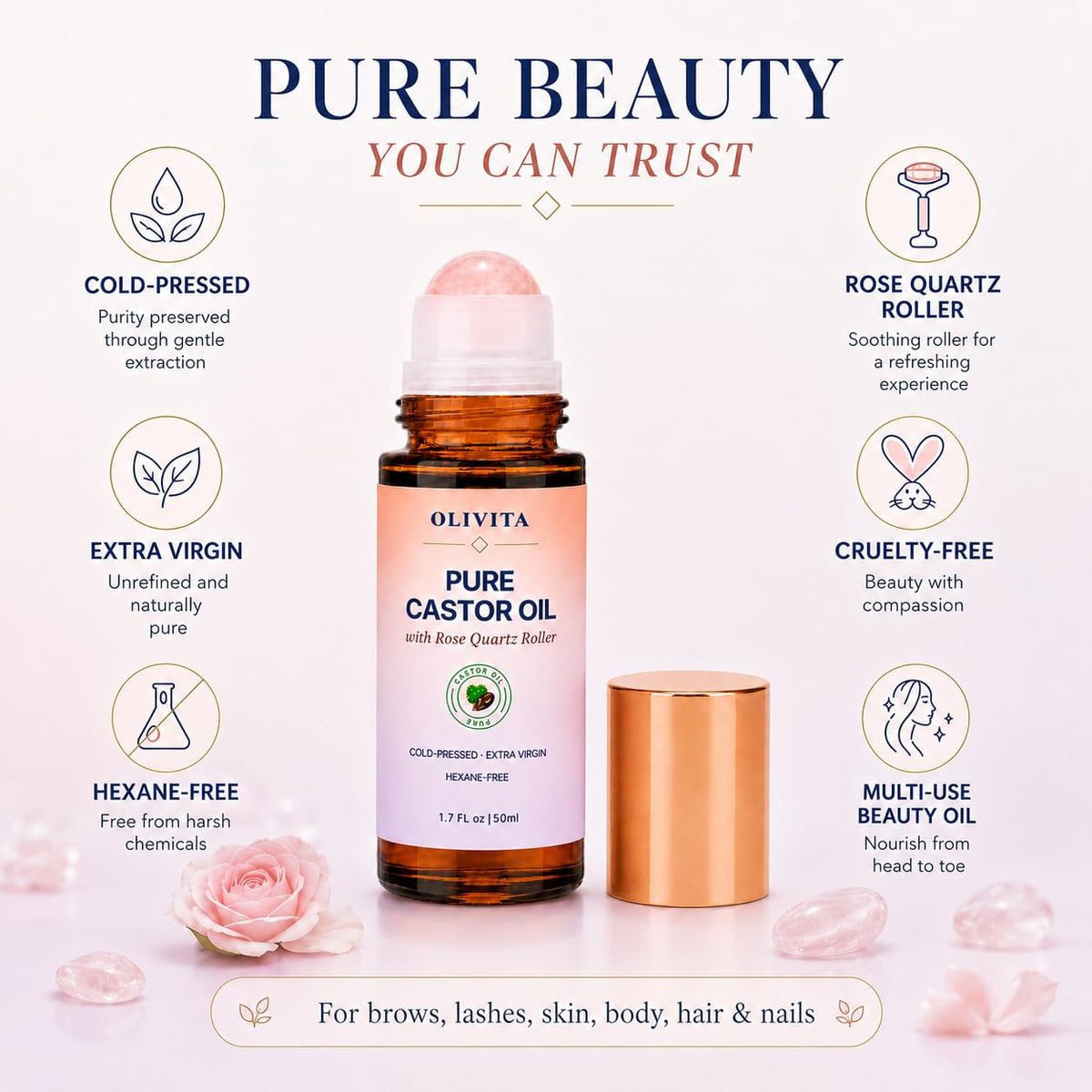 OLIVITA Castor Oil Rose Quartz Roller Ball for Face Brows - OLIVITA Official Imagery - 8