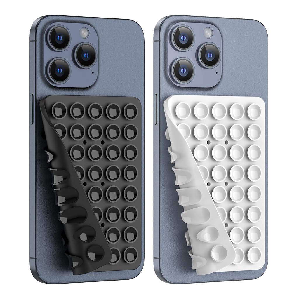 CMZZ double-sided silicone suction phone holder mount for iPhone and Android, black and white, hands-free shower mirror and selfie accessory.