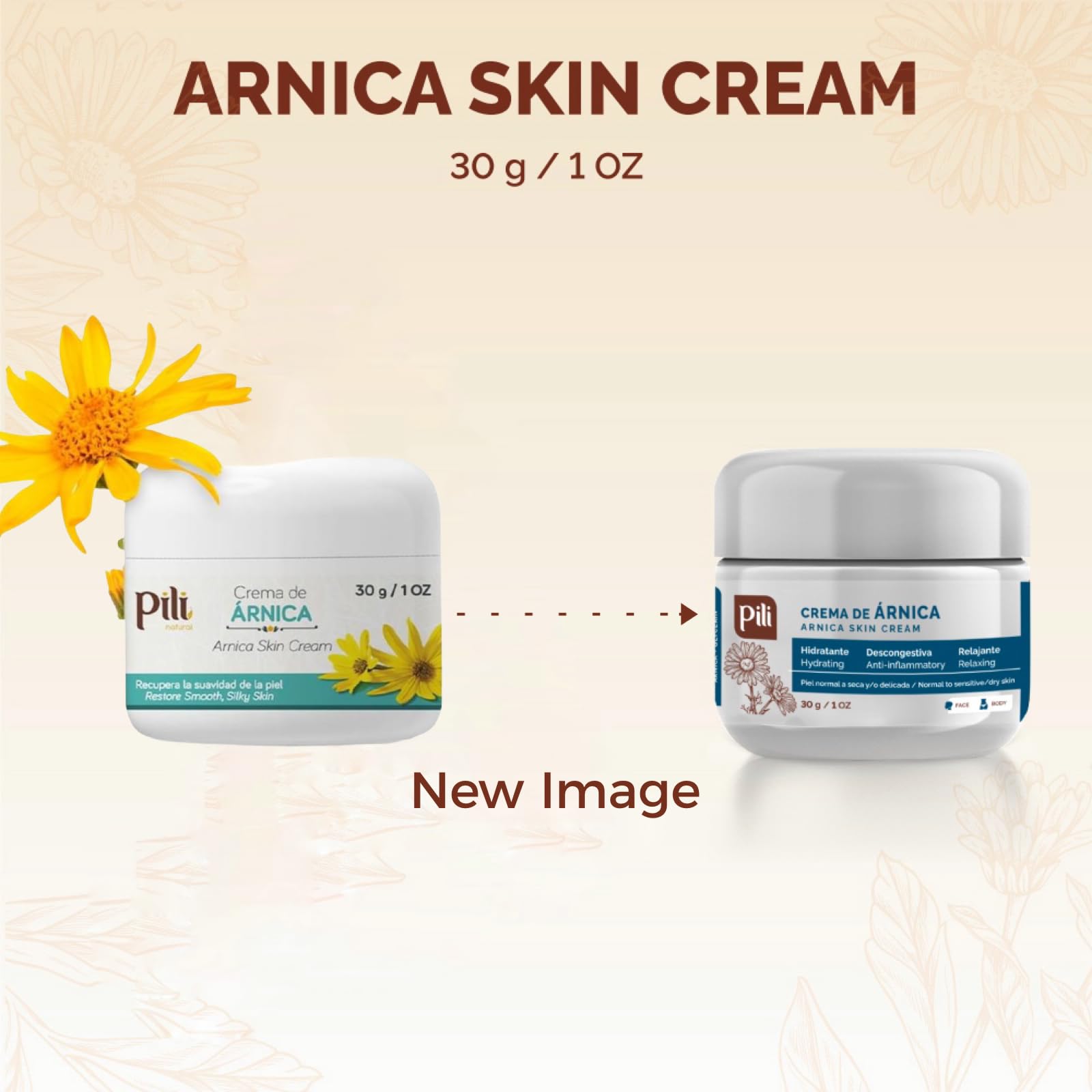 Pili Natural Arnica Cream moisturizer for face and body, soothing dry, irritated skin with fast-absorbing, non-greasy formula.