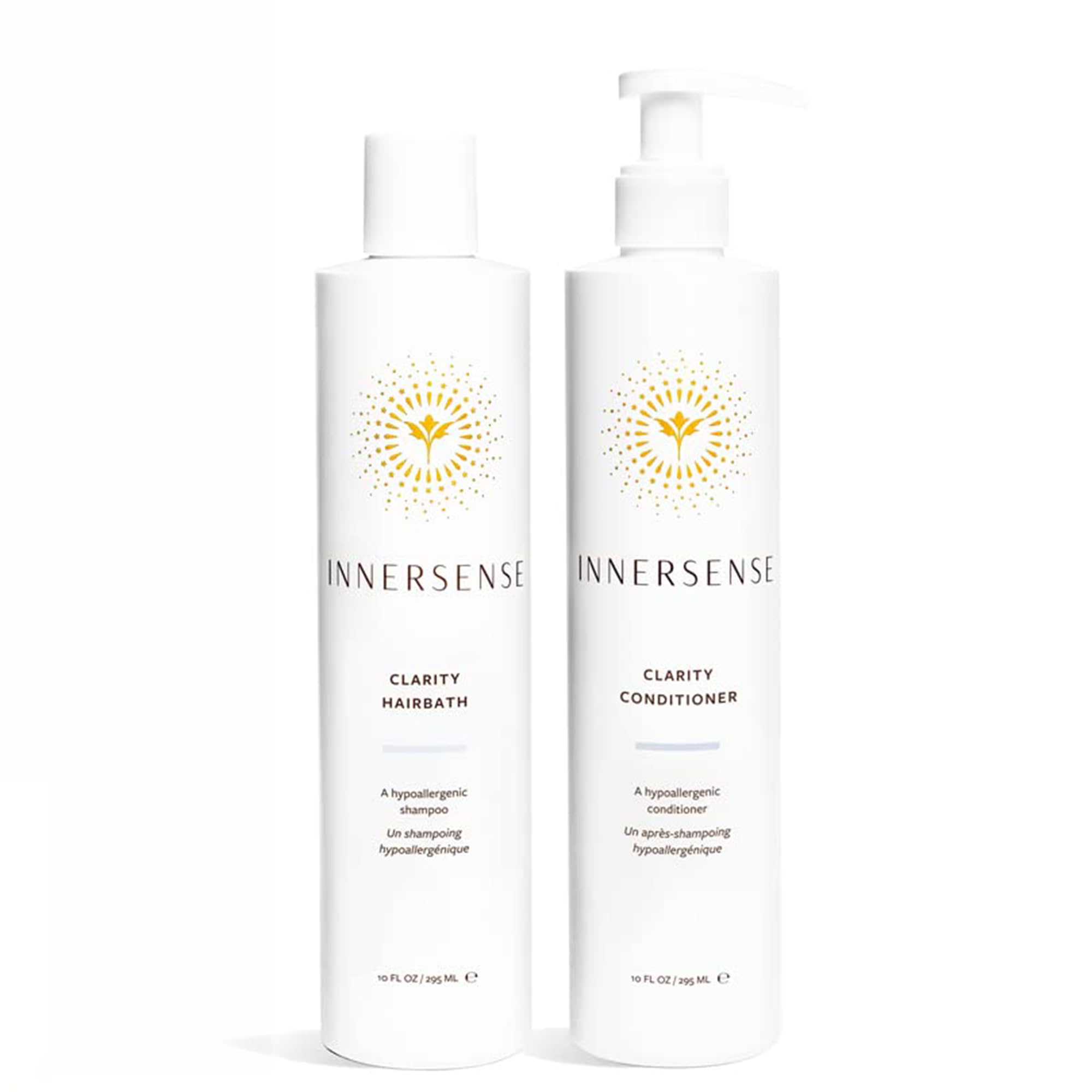 INNERSENSE Organic Beauty Clarity Shampoo and Conditioner duo for clean, healthy hair, shown in the image.