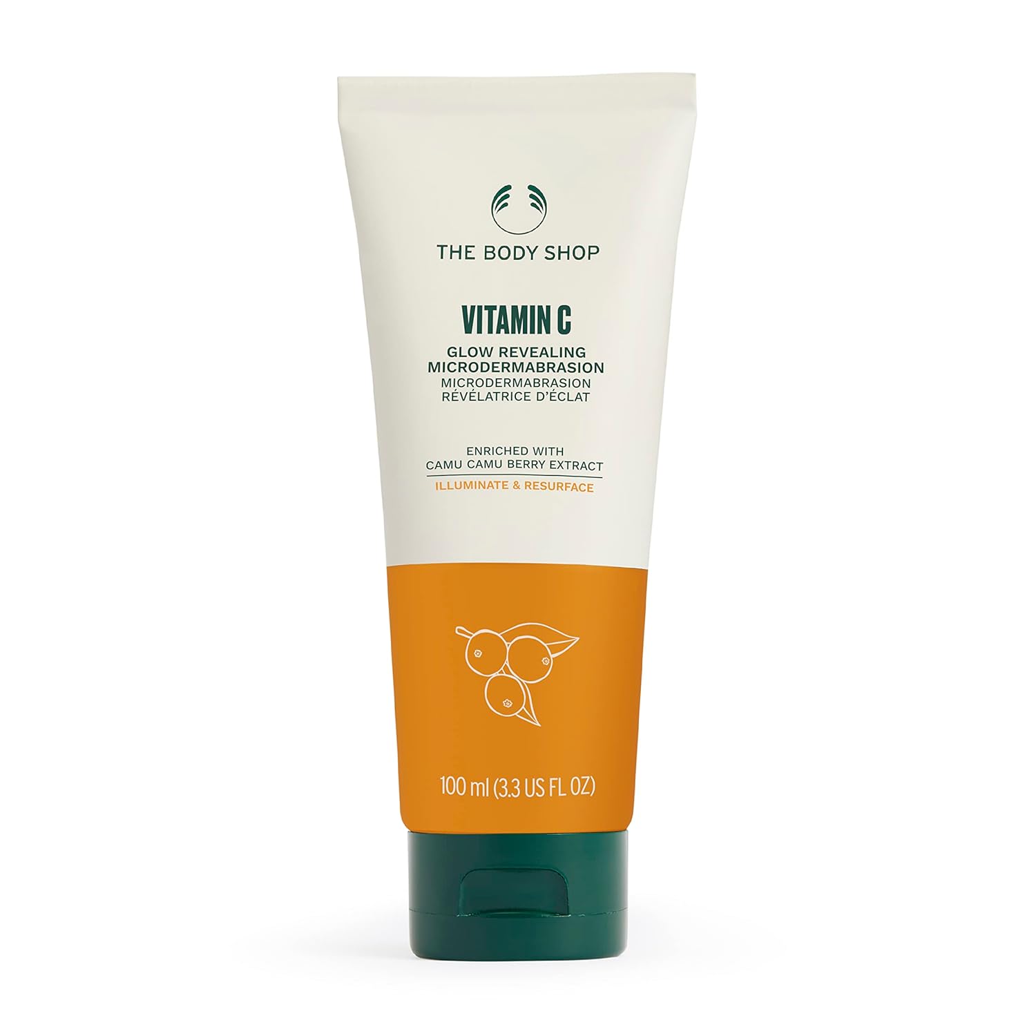 The Body Shop Vitamin C Glow Boosting Microdermabrasion exfoliates dull skin, showing a 100ml brightening skincare product in a tube.