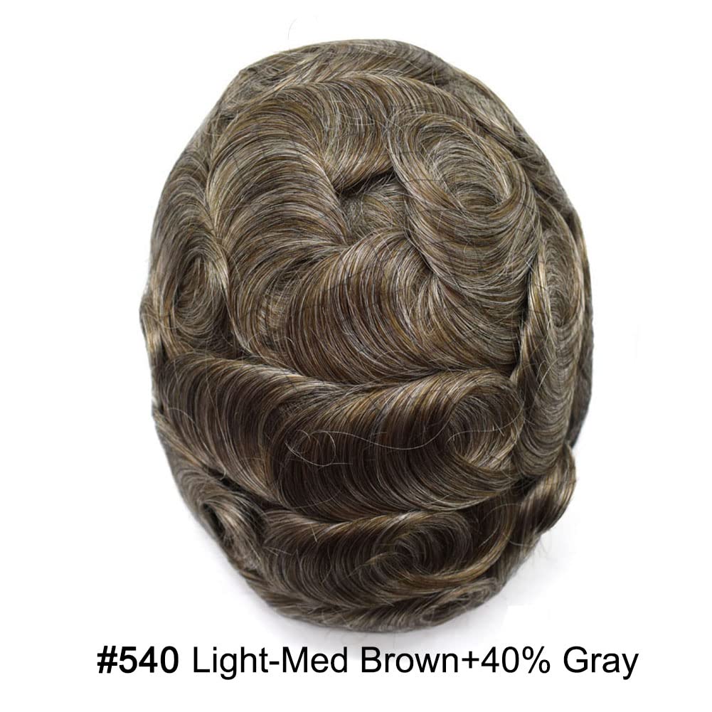 Curve Hair Mens Toupee Human Hair Piece Replacement System Monofilament Wig Hair Unit for Men Durable Poly Coated Mens Hairpiece (#540 Light-Med Brown+40% Gray, 6"X8")